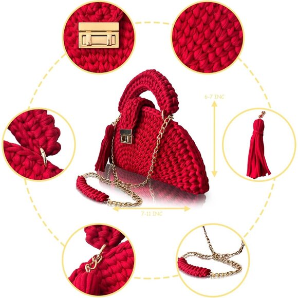 Women's Evening Clutch Handmade Crochet Small Formal Flap Red Crossbody Bag - Picture 6 of 6